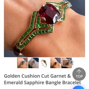 Golden Cushion Cut Garnet & Emerald Gold Bangle Bracelet
